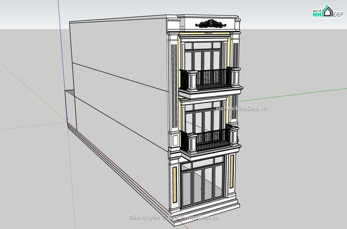 nhà phố 3 tầng,model sketchup nhà phố 3 tầng,nhà phố tân cổ điển