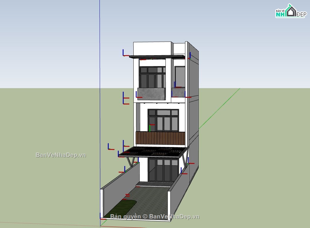 nhà phố 3 tầng,sketchup nhà phố 3 tầng,phối cảnh nhà phố 3 tầng