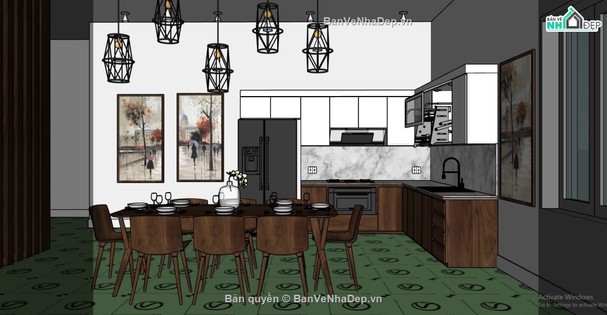sketchup nội thất phòng ăn,phòng ăn su đẹp,phòng bếp sketchup,sketchup nội thất phòng bếp