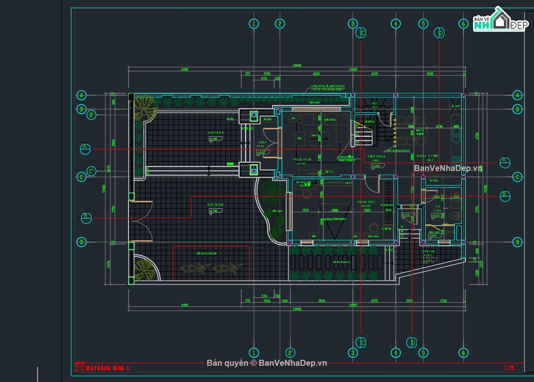 autocad biệt thự 3 tầng,Biệt thự 3 tầng,bản vẽ biệt thự 3 tầng