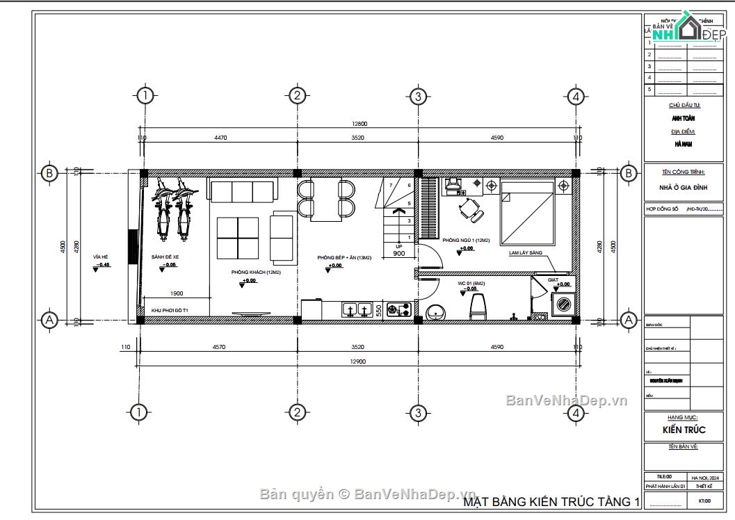 Full bản vẽ và file 3d sketchup nhà phố 2 tầng hiện đại 4.5x12.9m