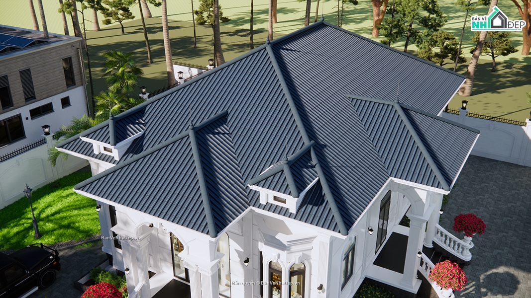 Biệt thự tân cổ điển,kết cấu kiến trúc,Full,thiết kế tân cổ điển,tân cổ điển mái nhật,mái nhật 1 tầng