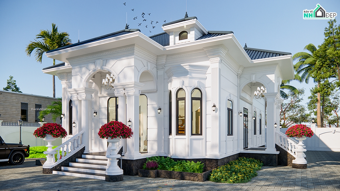 Biệt thự tân cổ điển,kết cấu kiến trúc,Full,thiết kế tân cổ điển,tân cổ điển mái nhật,mái nhật 1 tầng