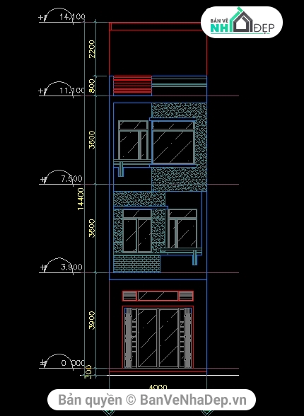 Bản vẽ kiến trúc nhà phố,nhà phố kích thước 4x20 m,bản vẽ nhà phố 3 tầng,nhà phố 3 tầng,file cad nhà phố 3 tầng,file cad xây dựng nhà 3 tầng