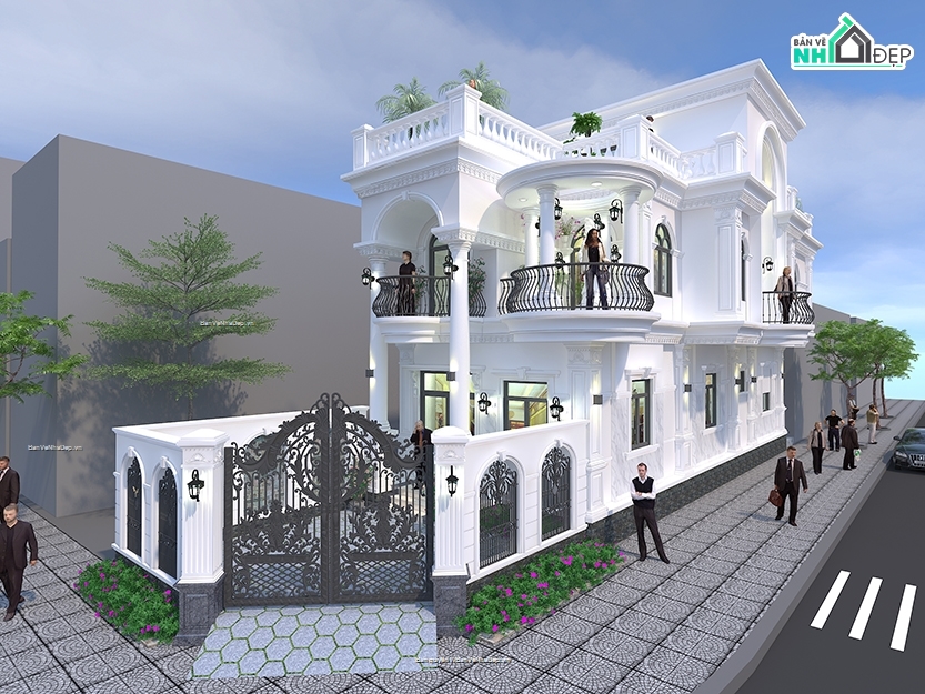 full bản vẽ nhà phố,bản vẽ biệt thự tân cổ điển,kiến trúc 2 tầng 1 tum,biệt thự phố
