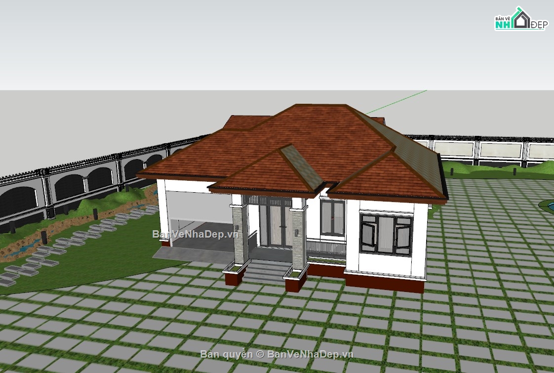 Bản vẽ nhà vườn,bản vẽ cad nhà mái nhật,thiết kế nhà mái nhật,biệt thự 1 tầng