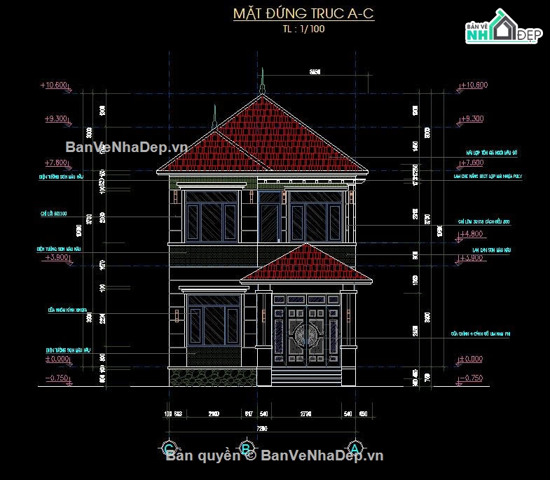 Biệt thự 2 tầng,nhà biệt thự,hồ sơ kỹ thuật thi công