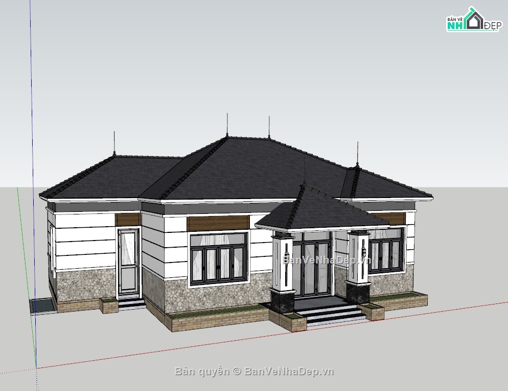 kiến trúc mái nhật,biệt thự mái nhật,biệt thự 1 tấng mái nhật,file cad biệt thự 1 tầng mái nhật