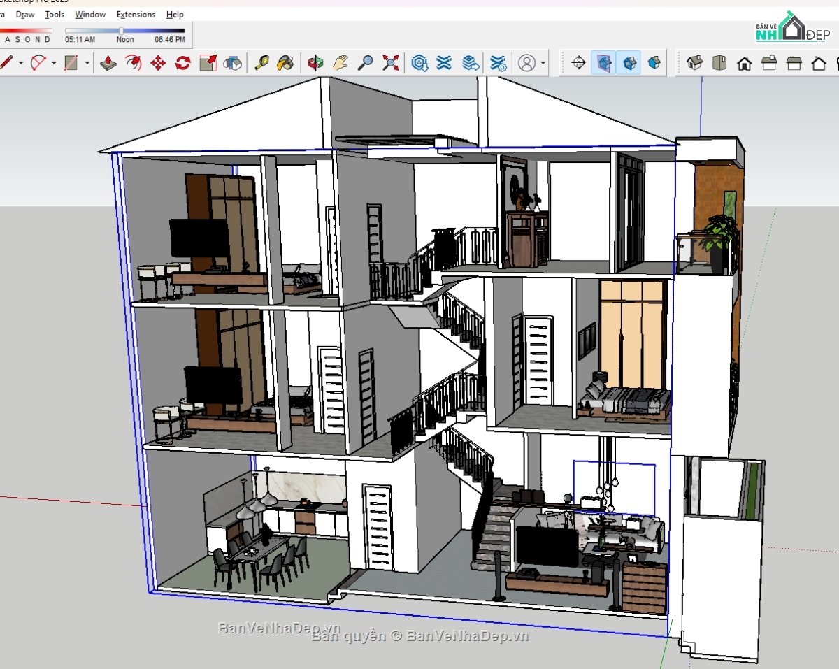 Sketchup nhà phố,nhà phố lệch tầng,thiết kế nhà phố,trọn bộ thi công,lệch tâng