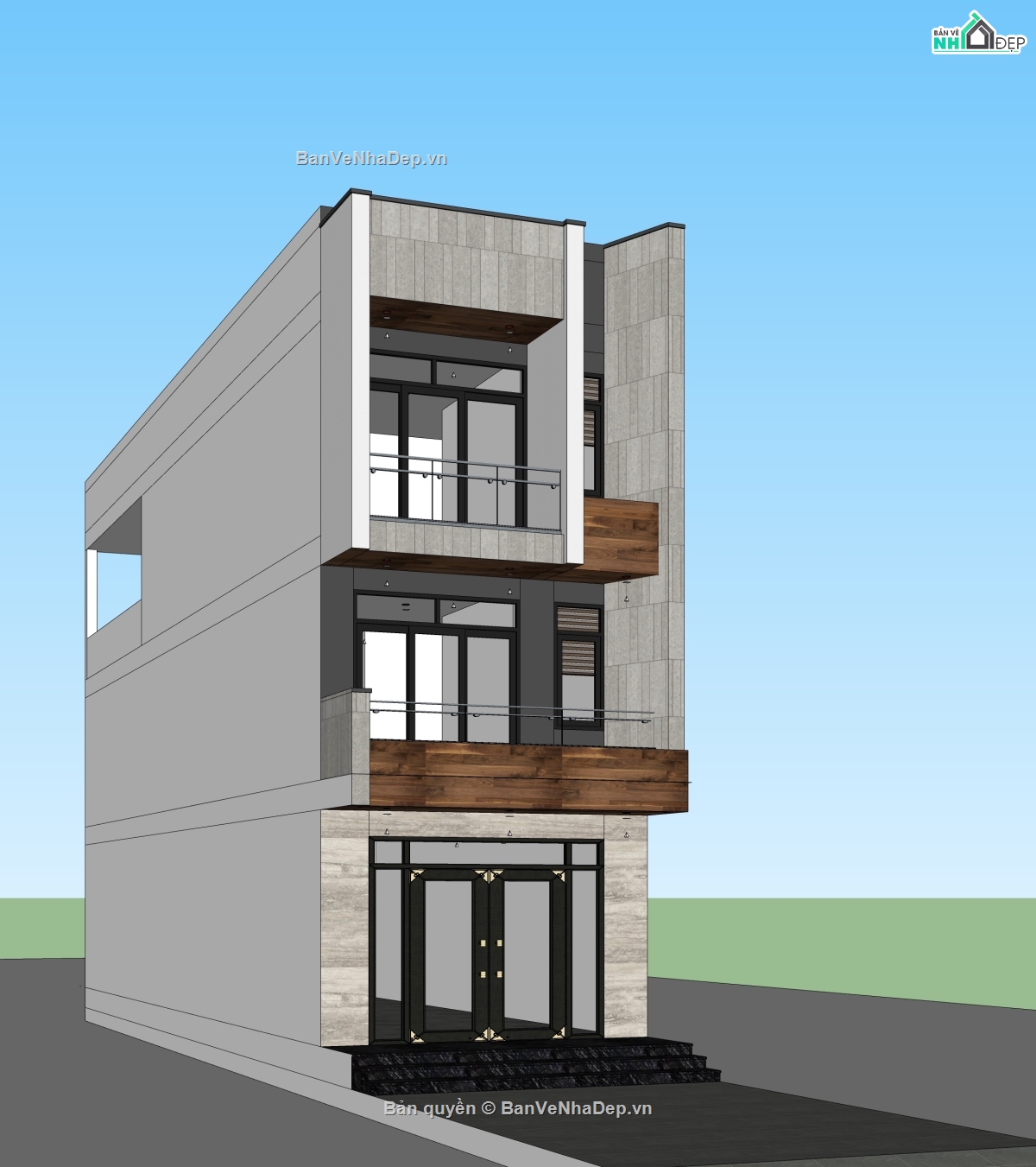 nhà phố 3 tầng,kiến trúc nhà ở gia đình,model sketchup nhà phố 5x16m,bản vẽ kĩ thuật,model sketchup hiện đại