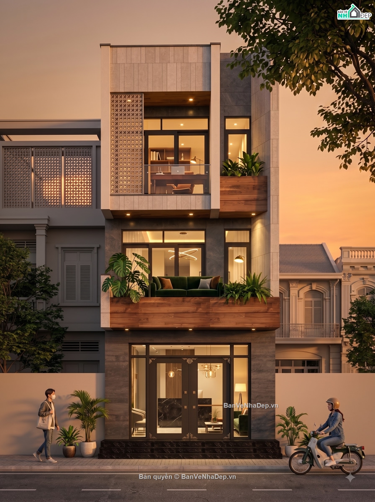 nhà phố 3 tầng,kiến trúc nhà ở gia đình,model sketchup nhà phố 5x16m,bản vẽ kĩ thuật,model sketchup hiện đại