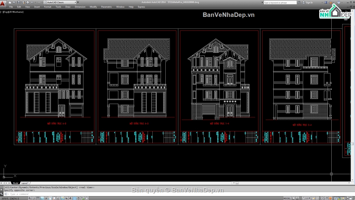 Biệt thự,file cad biệt thự 2 tầng đẹp,biệt thự 3 tầng