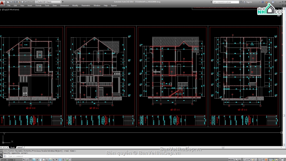 Biệt thự,file cad biệt thự 2 tầng đẹp,biệt thự 3 tầng