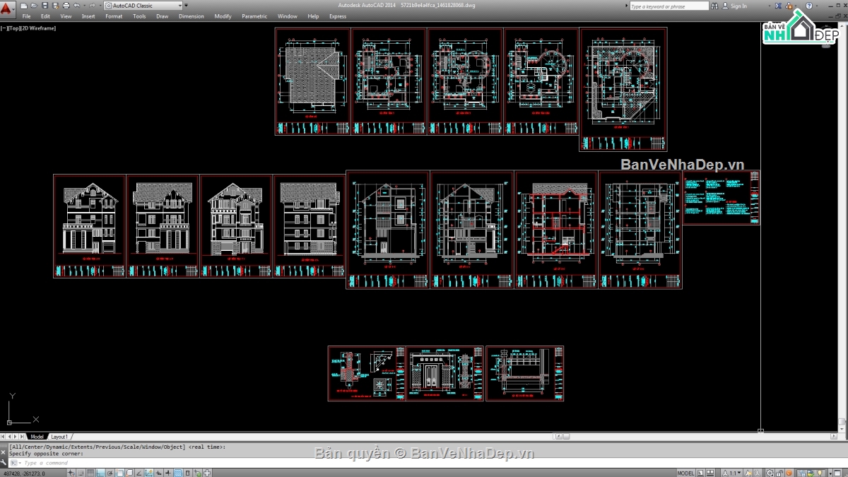 Biệt thự,file cad biệt thự 2 tầng đẹp,biệt thự 3 tầng
