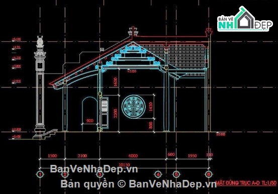 nhà thờ họ 3 gian,file cad nhà thờ họ 3 gian,nhà thờ họ 3 gina file cad