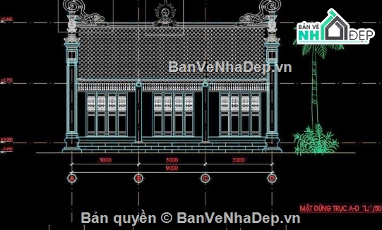 nhà thờ họ 3 gian,file cad nhà thờ họ 3 gian,nhà thờ họ 3 gina file cad