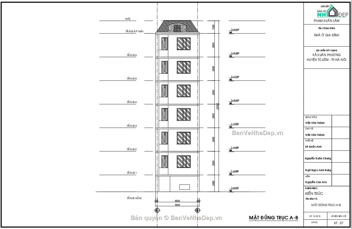 hồ sơ cấp phép nhà 6 tầng,Thiết kế autocad nhà trọ 6 tầng,Nhà ở cho thuê thiết kế file cad,bản vẽ nhà trọ 6 tầng 5.2x14.4m