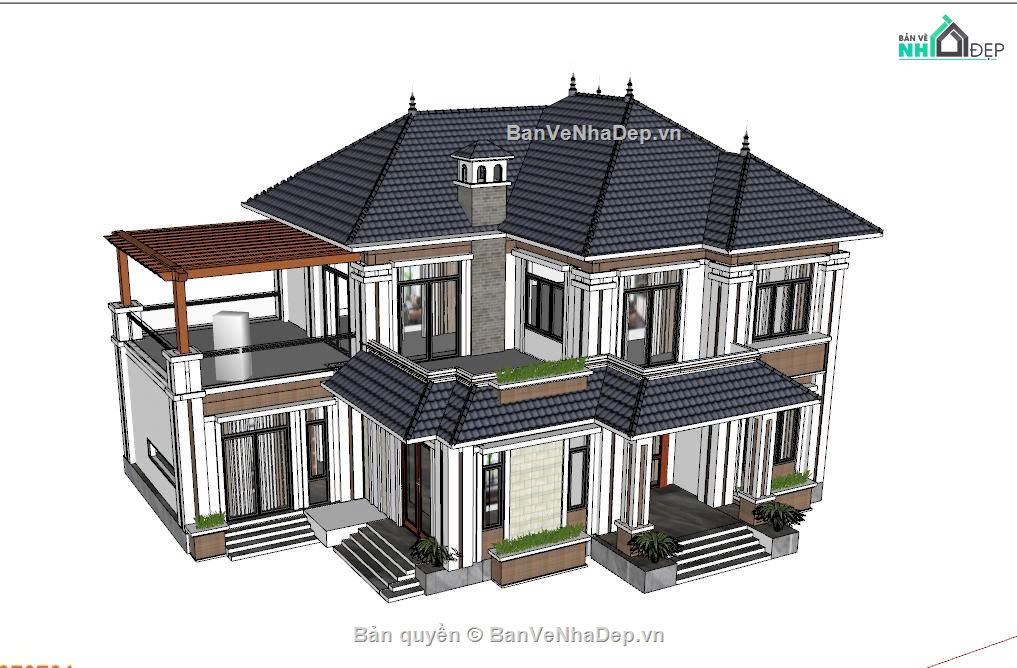 biệt thự mái Nhật,biệt thự 2 tầng,biệt thự 12x20m,bản vẽ biệt thự 12x20,thiết kế biệt thự mái Nhật 2 tầng