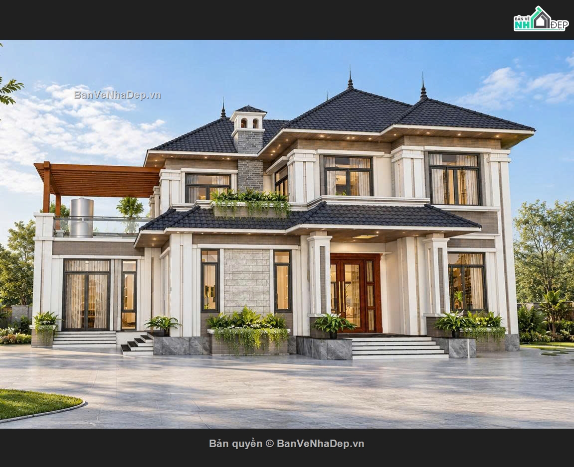 biệt thự mái Nhật,biệt thự 2 tầng,biệt thự 12x20m,bản vẽ biệt thự 12x20,thiết kế biệt thự mái Nhật 2 tầng