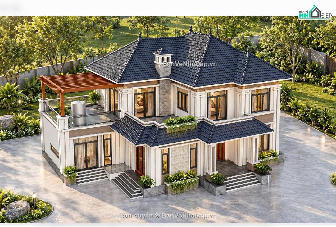 biệt thự mái Nhật,biệt thự 2 tầng,biệt thự 12x20m,bản vẽ biệt thự 12x20,thiết kế biệt thự mái Nhật 2 tầng