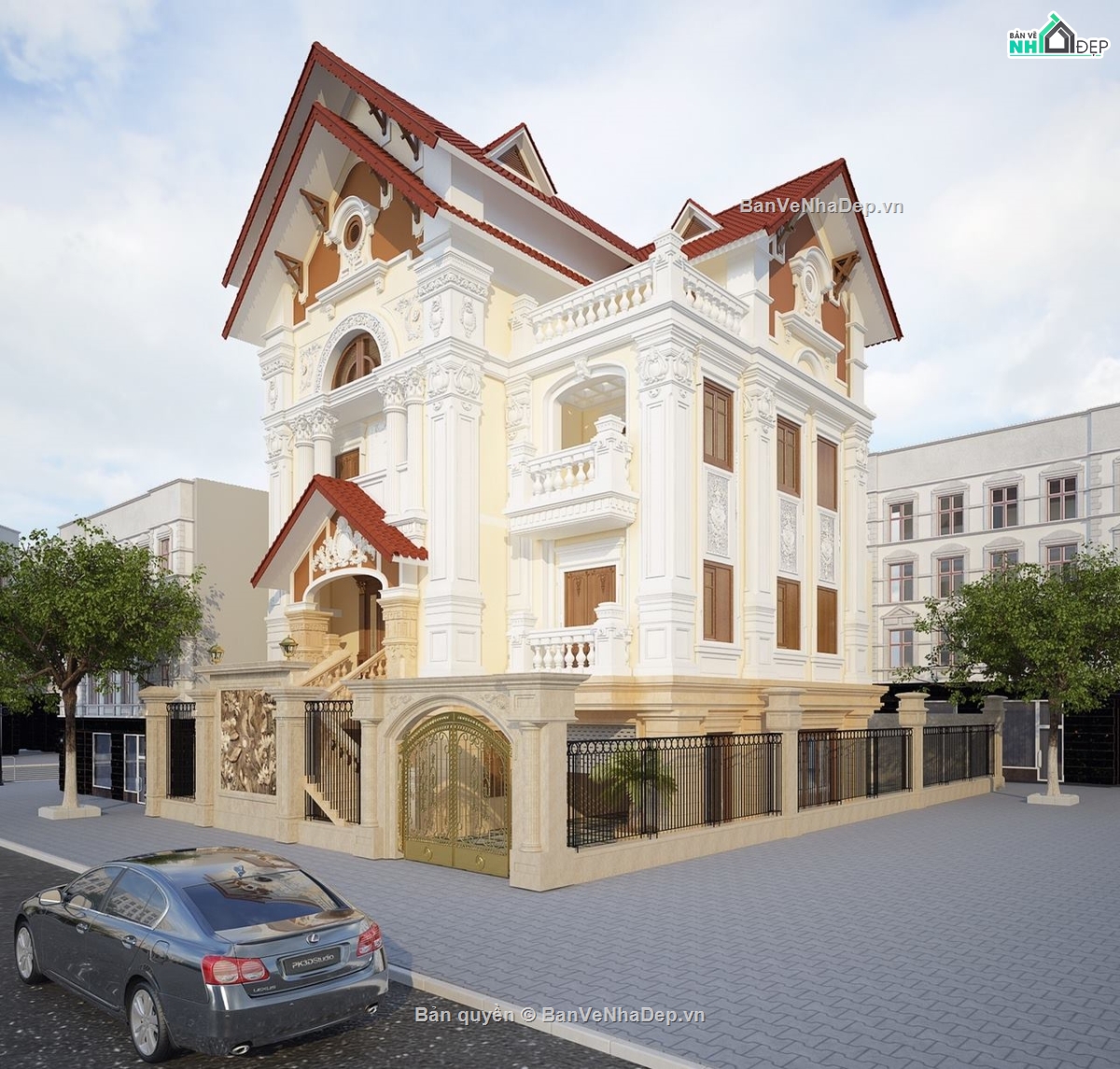 Biệt thự tân cổ điển 3 tầng,Bản vẽ biệt thự tân cổ điển,biệt thự 3 tầng cổ điển Pháp 10x11.5m,nhà 3 tầng 10x11.5m