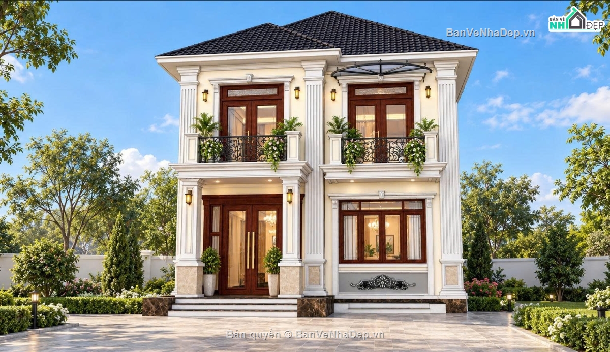biệt thự 8x12m,bản vẽ biệt thự 8x12,biệt thự tân cổ điển 2 tầng,Bản vẽ biệt thự 2 tầng mái Nhật 8x12m