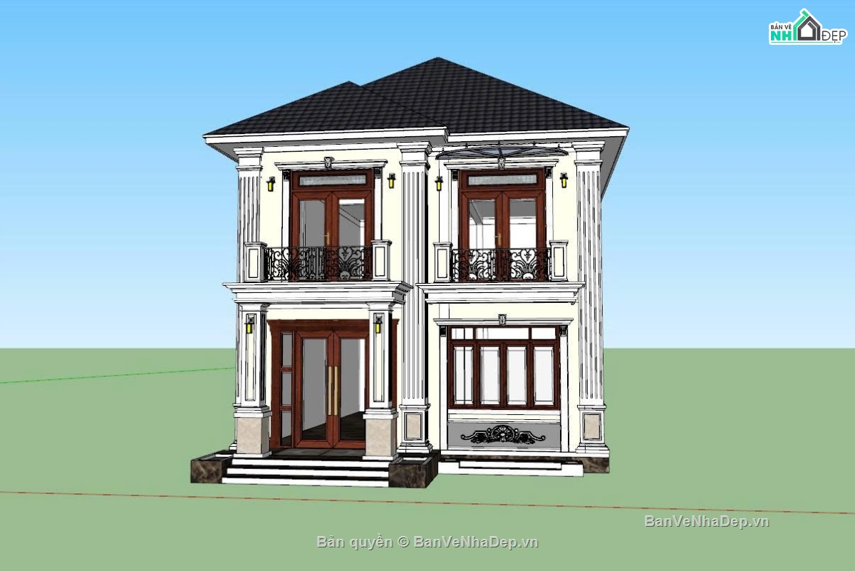 biệt thự 8x12m,bản vẽ biệt thự 8x12,biệt thự tân cổ điển 2 tầng,Bản vẽ biệt thự 2 tầng mái Nhật 8x12m