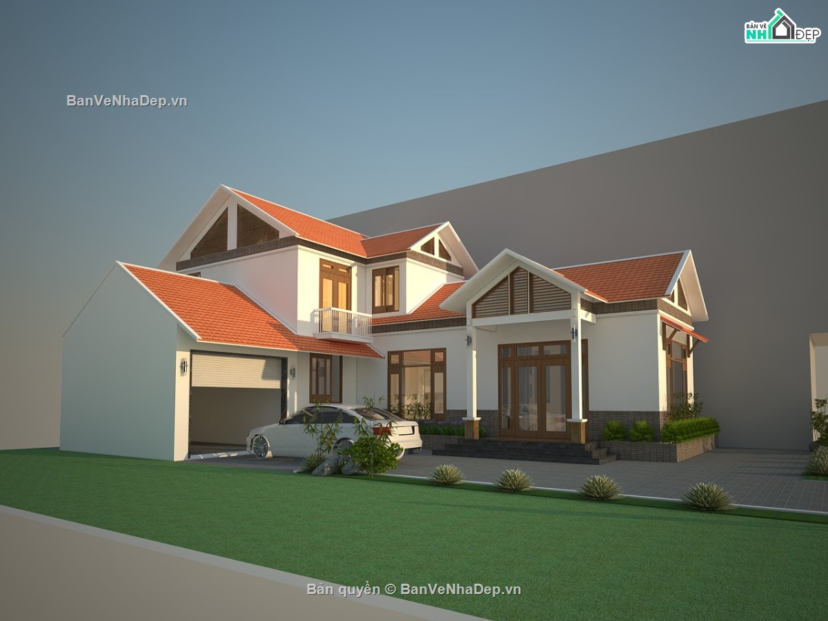 hồ sơ kiến trúc kết cấu nhà ở,bản vẽ nhà mái thái 2 tầng,mẫu nhà 2 tầng 7.5x16m,bản vẽ kết cấu nhà 2 tầng,phối cảnh nhà 2 tầng mái ngói