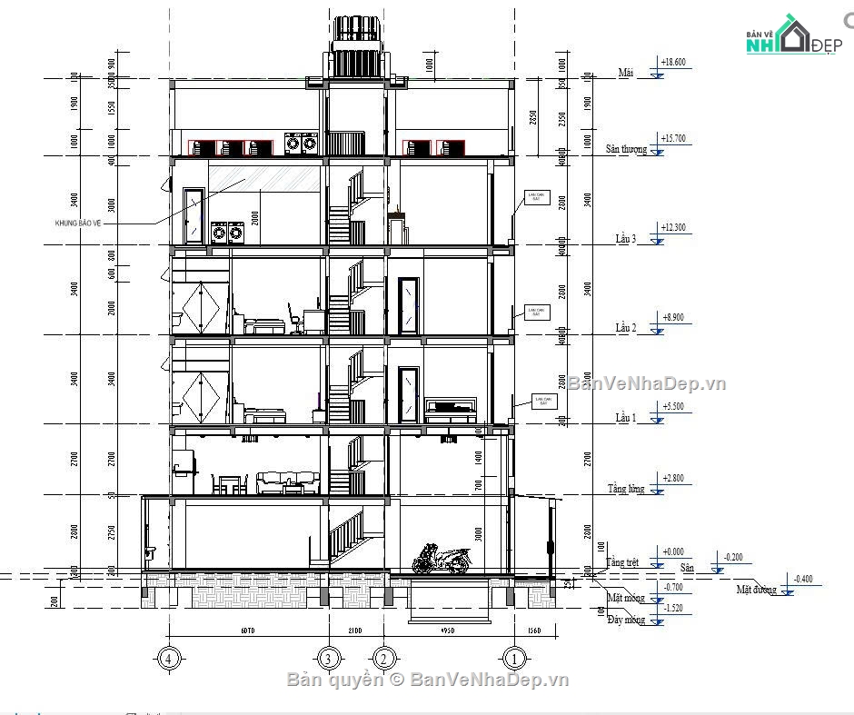 nhà phố 4x16m,bản vẽ full,kiến trúc nhà phố,nhà phố hiện đại