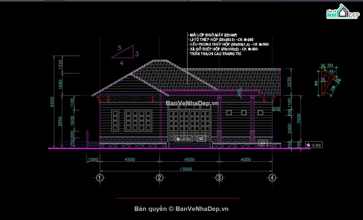 bản vẽ nhà cấp 4 11x13m,nhà cấp 4 11x13,bản vẽ kiến trúc nhà cấp 4,nhà một tầng 11x13m,nhà cấp 4 mặt tiền 11m