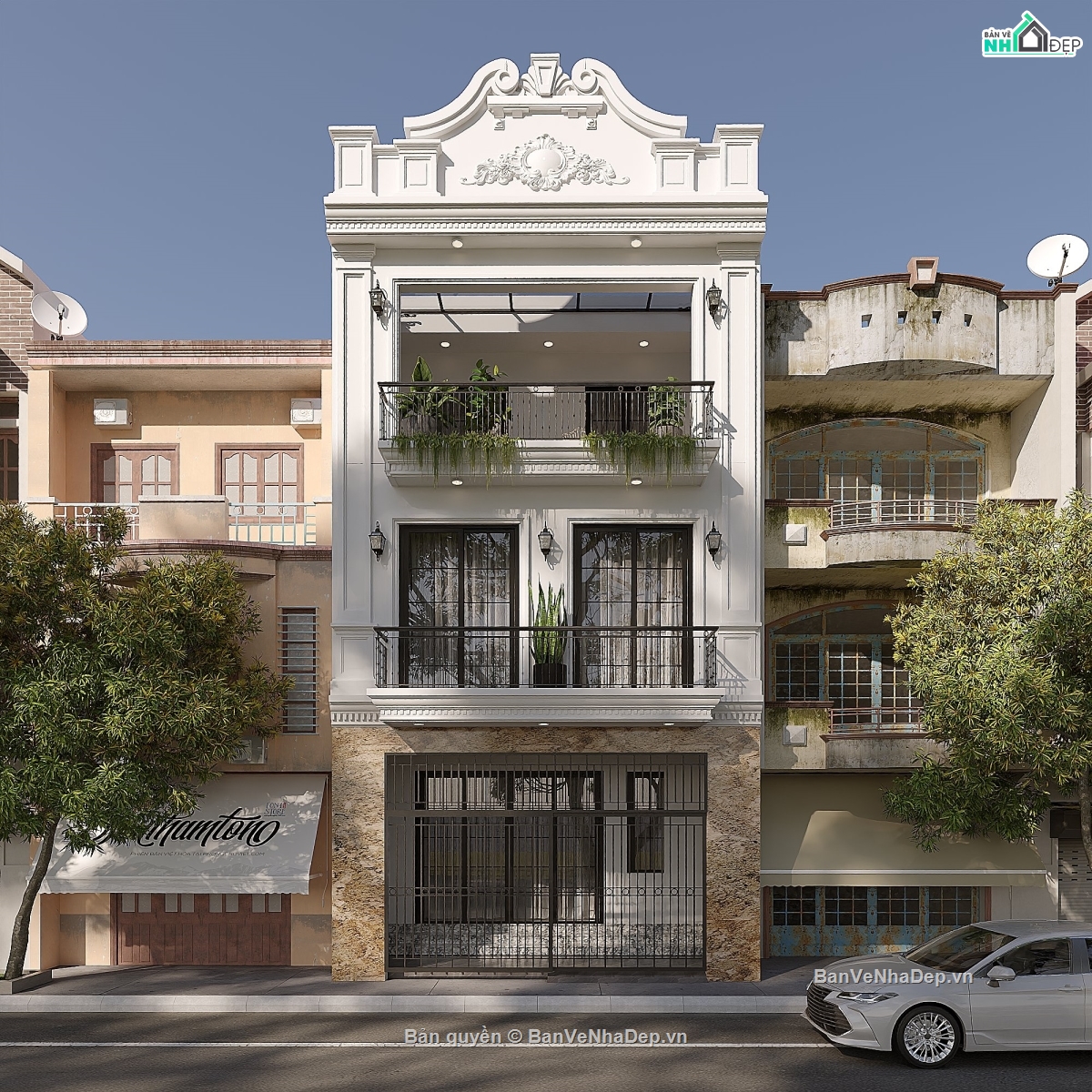 Bản vẽ thiết kế,Nhà phố 3 tầng tân cổ điển,Nhà phố tân cổ điển,Nhà phố 3 tầng,Nhà phố 3 tầng 6.4x14.2m