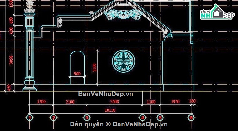 Nhà thờ họ 3 gian,file cad nhà thờ họ,nhà thờ họ 3 gian file cad