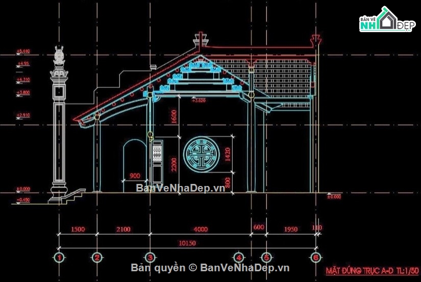 Nhà thờ họ 3 gian,file cad nhà thờ họ,nhà thờ họ 3 gian file cad