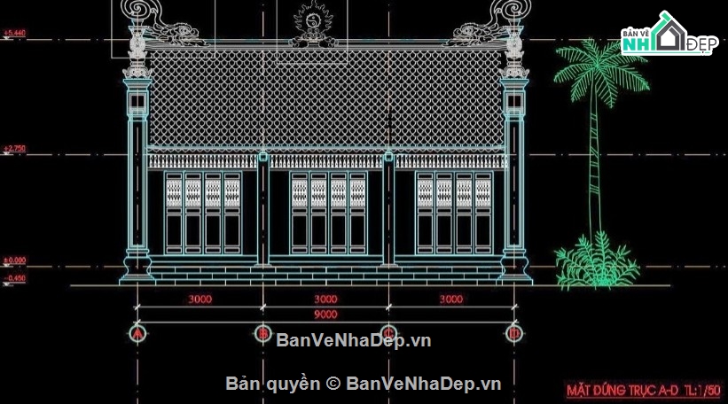 Nhà thờ họ 3 gian,file cad nhà thờ họ,nhà thờ họ 3 gian file cad