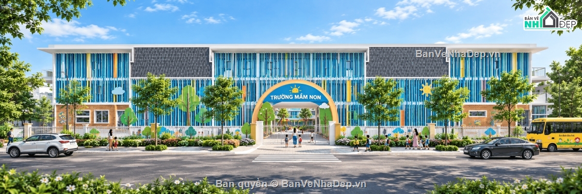 trường mầm non 2 tầng,trường mầm non 58mx36m,trường mầm non