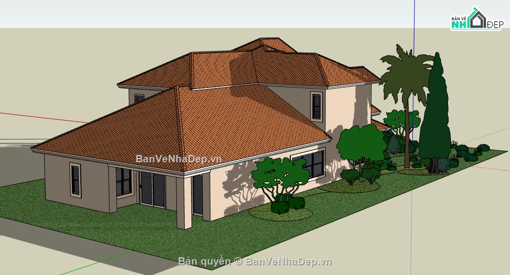 biệt thự dựng model su,file sketchup dựng nhà biệt thự,biệt thự 2 tầng trên sketchup