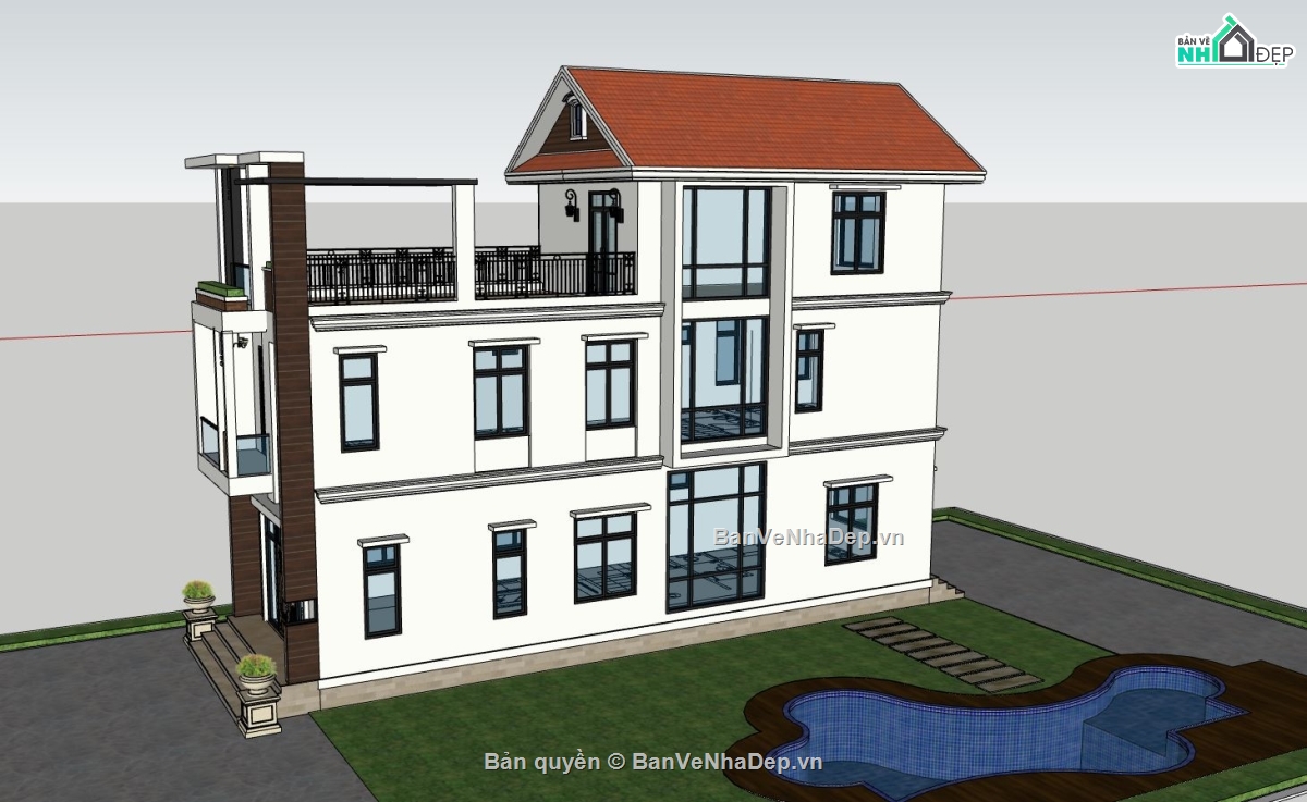 ngoại thất nhà phố 3 tầng,file sketchup nhà phố,nhà phố hiện đại,kiến trúc nhà phố
