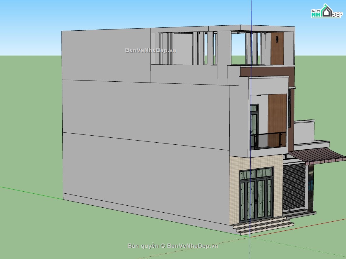 nhà phố 2 tầng 1 tum,mẫu su nhà phố 3 tầng,phối cảnh nhà phố 3 tầng,file sketchup nhà phố 3 tầng