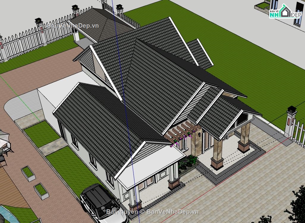 Biệt thự 1 tầng,model su biệt thự 1 tầng,sketchup biệt thự 1 tầng