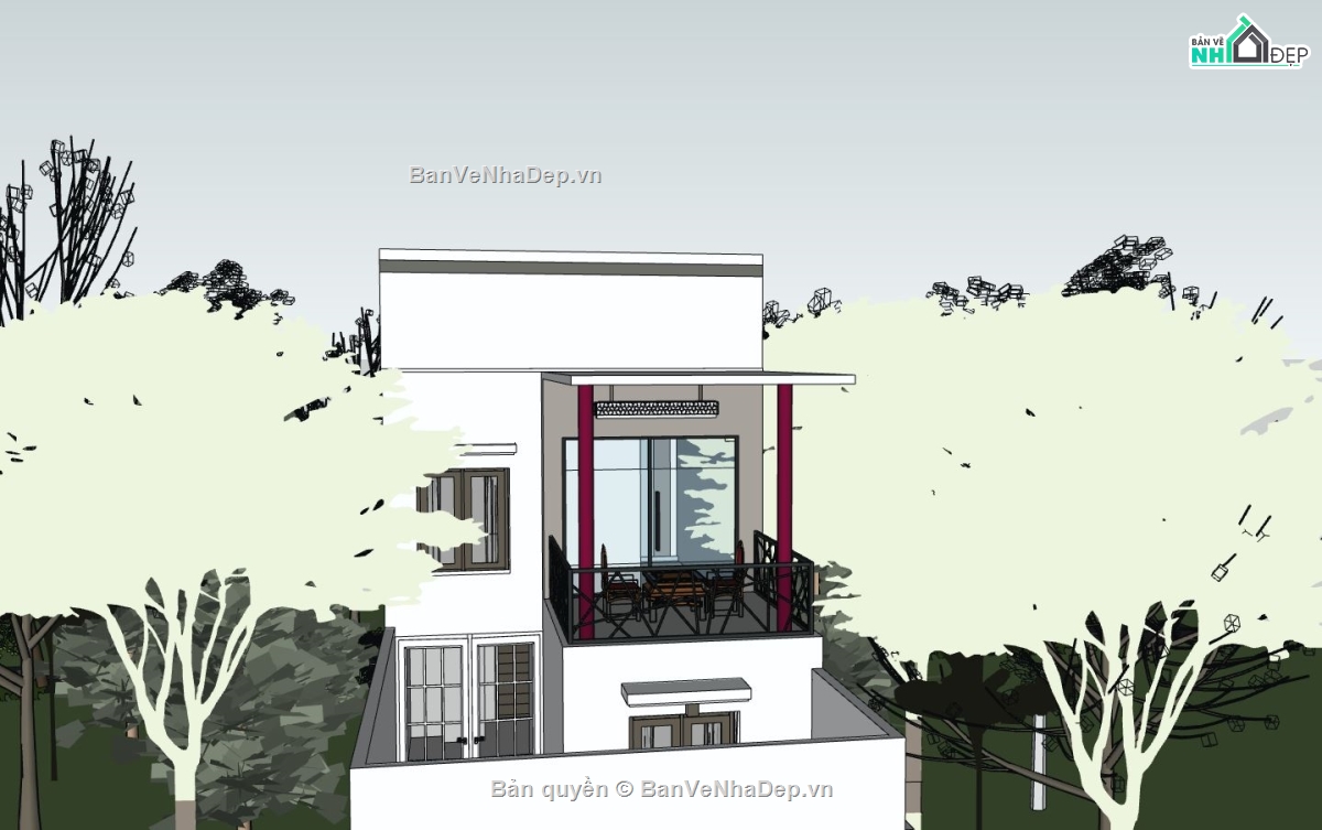 nhà phố 3 tầng,nhà phố 3 tầng sketchup,nhà phố sketchup hiện đại