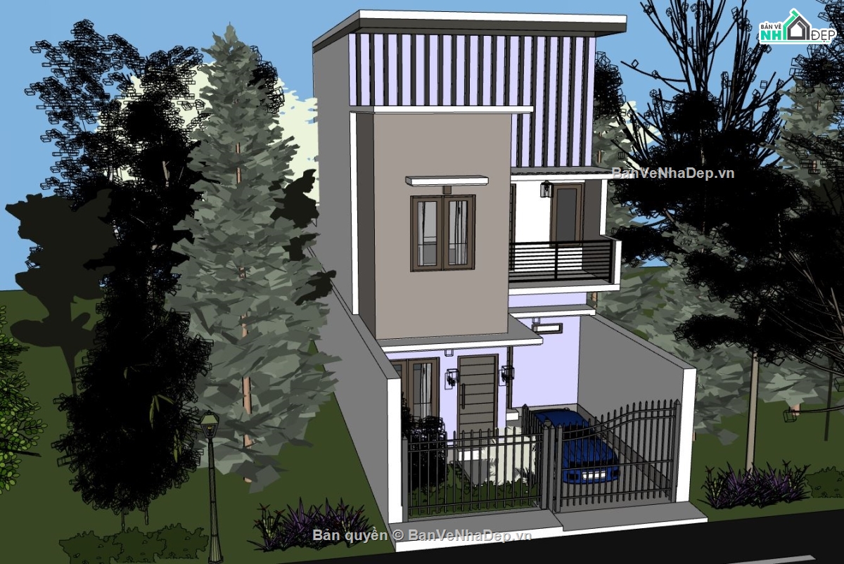 nhà phố 3 tầng,nhà phố 3 tầng sketchup,nhà phố sketchup hiện đại