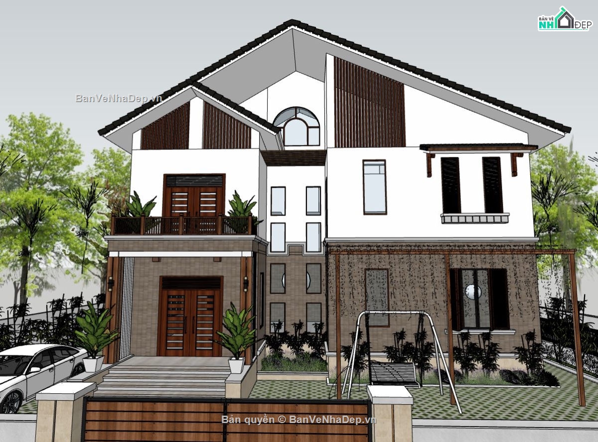 biệt thự 2 tầng,file sketchup biệt thự 2 tầng,phối cảnh biệt thự,biệt thự hiện đại