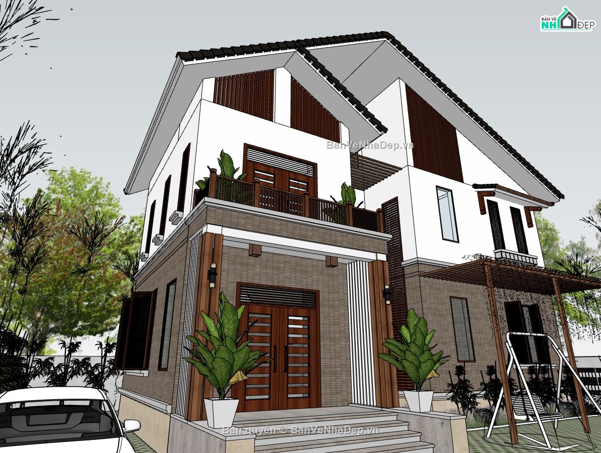 biệt thự 2 tầng,file sketchup biệt thự 2 tầng,phối cảnh biệt thự,biệt thự hiện đại