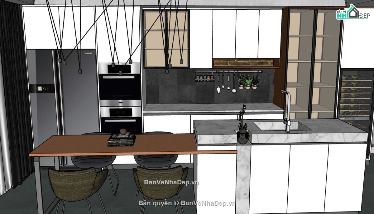 phòng bếp sketchup,thiết kế 3d phòng bếp,dựng 3dsu nội thất phòng bếp