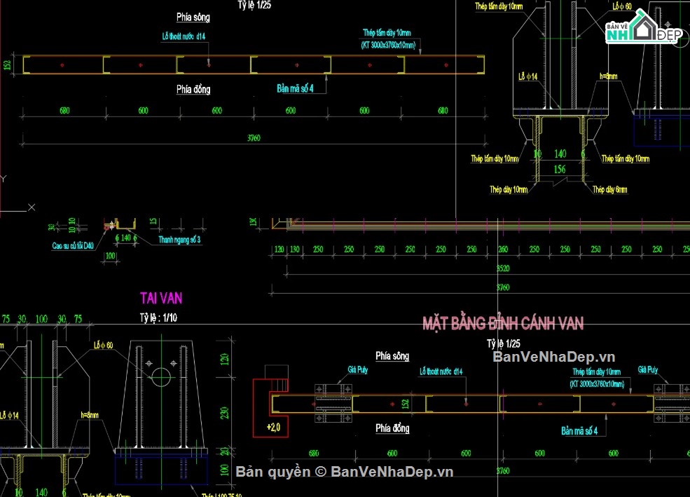 cửa van thép,khe van thủy lợi,cửa van thép file cad