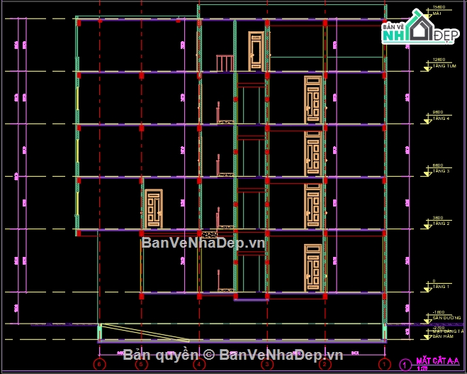 nhà 4 tầng,Bản vẽ nhà 4 tầng,Bản vẽ nhà nghỉ,nhà nghỉ 4 tầng