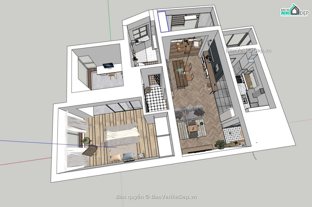 sketchup nội thất phòng ngủ,sketchup nội thất chung cư,model nội thất khách bếp,nội thất chung cư đẹp