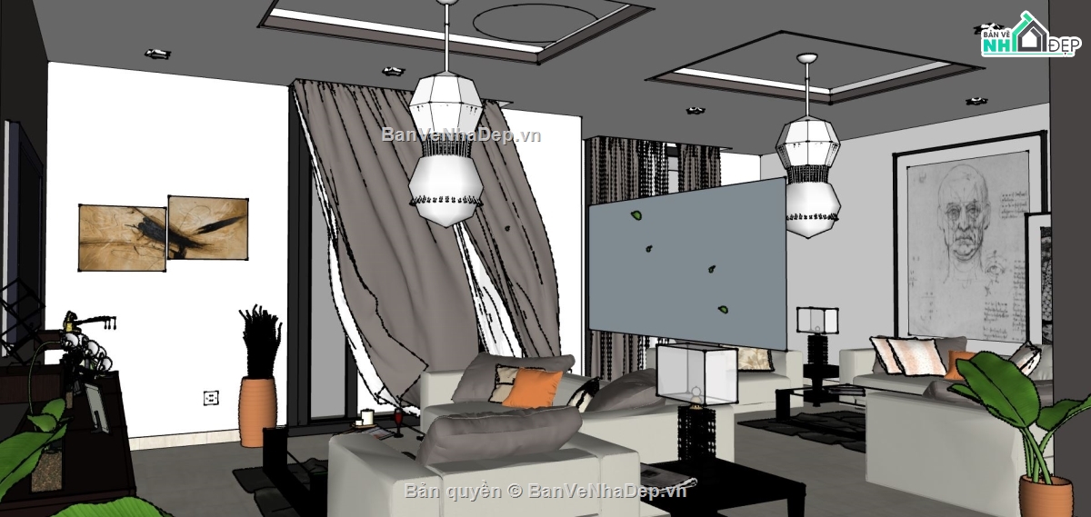 sketchup phòng khách,thiết kế phòng khách sketchup,phòng khách hiện đại,mẫu phòng khách hiện đại su