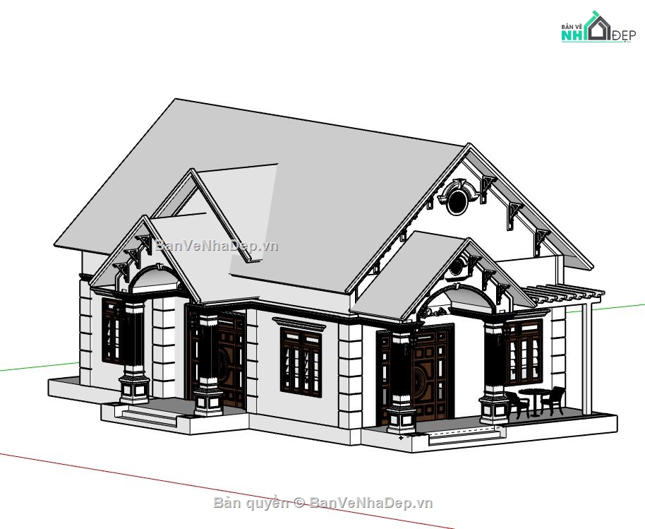 Biệt thự 1 tầng,file su biệt thự 1 tầng,sketchup biệt thự 1 tầng