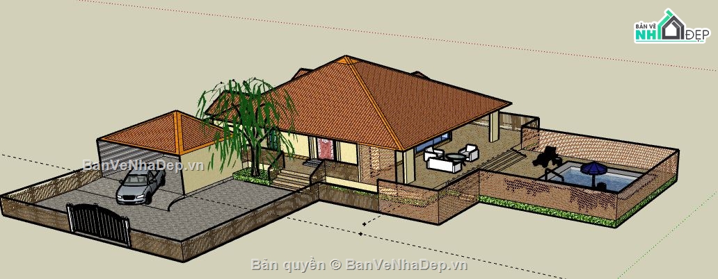 Biệt thự 1 tầng,model su biệt thự 1 tầng,biệt thự 1 tầng file su,biệt thự 1 tầng sketchup,sketchup biệt thự 1 tầng